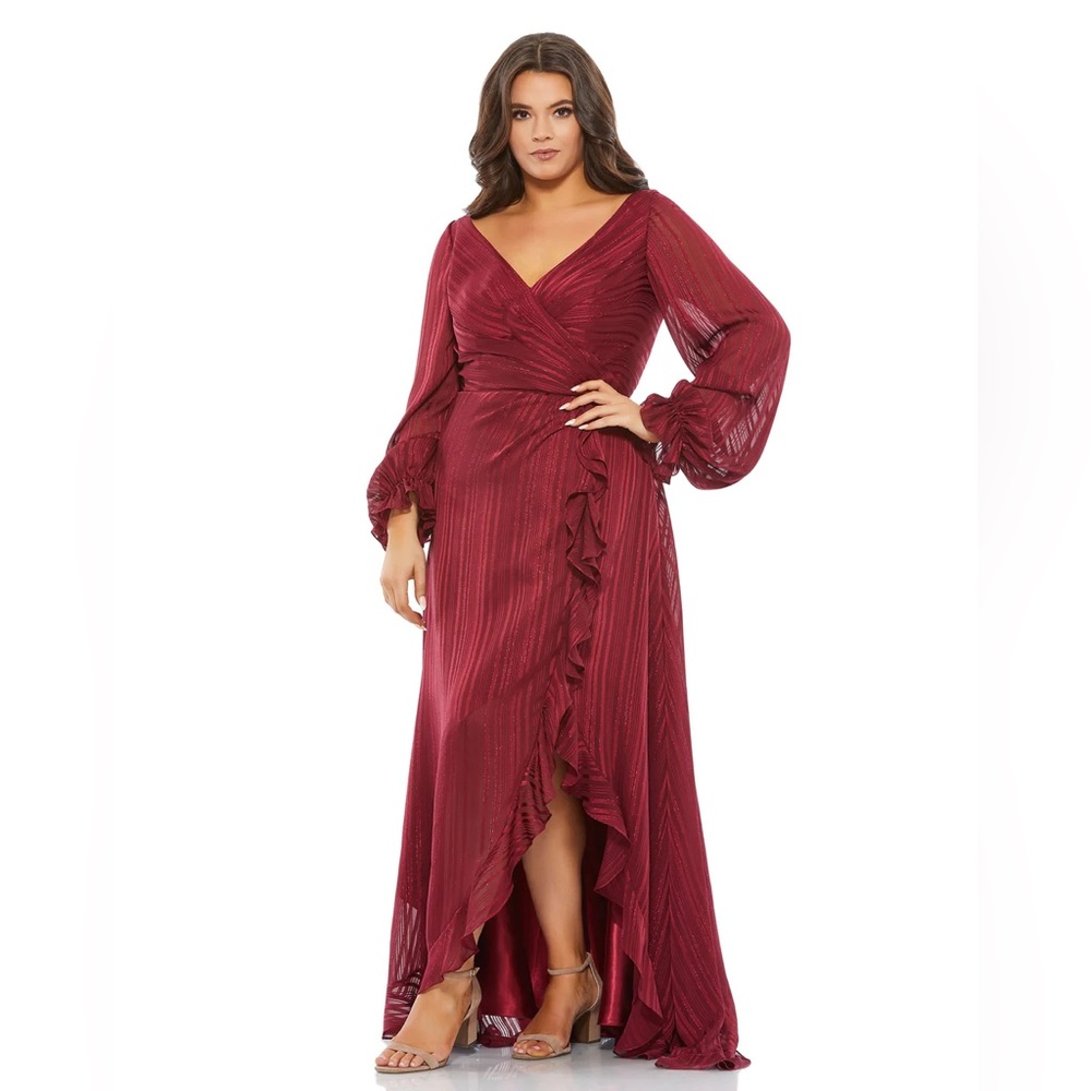 Mac‎ Duggal Stripe Long Sleeve Faux Wrap Bishop Sleeve Gown NWT